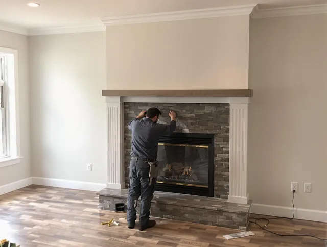 Plantation Chimney Sweep finishing a custom fireplace install in Plantation, FL